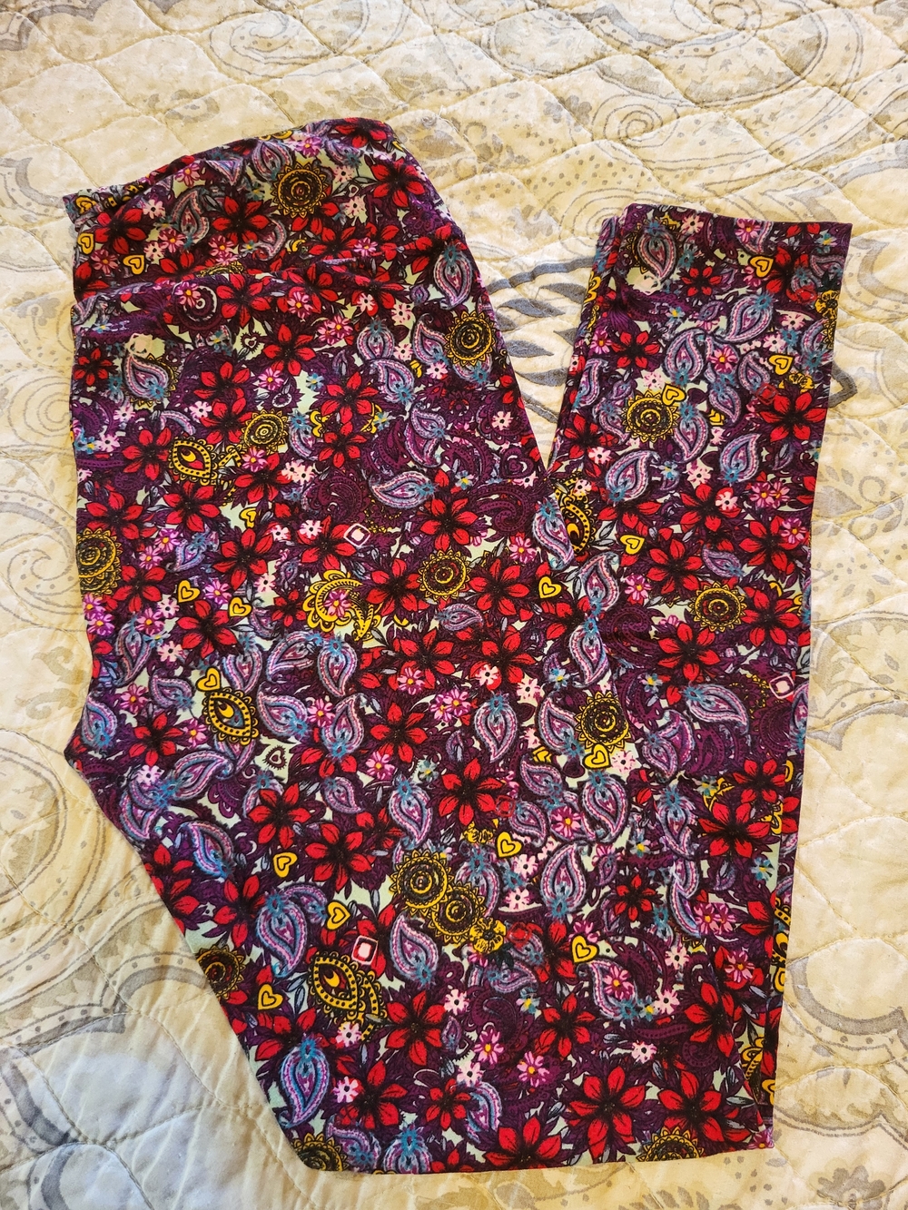 LuLaRoe Purple Floral Paisley Print Leggings with Red & Yellow Accents